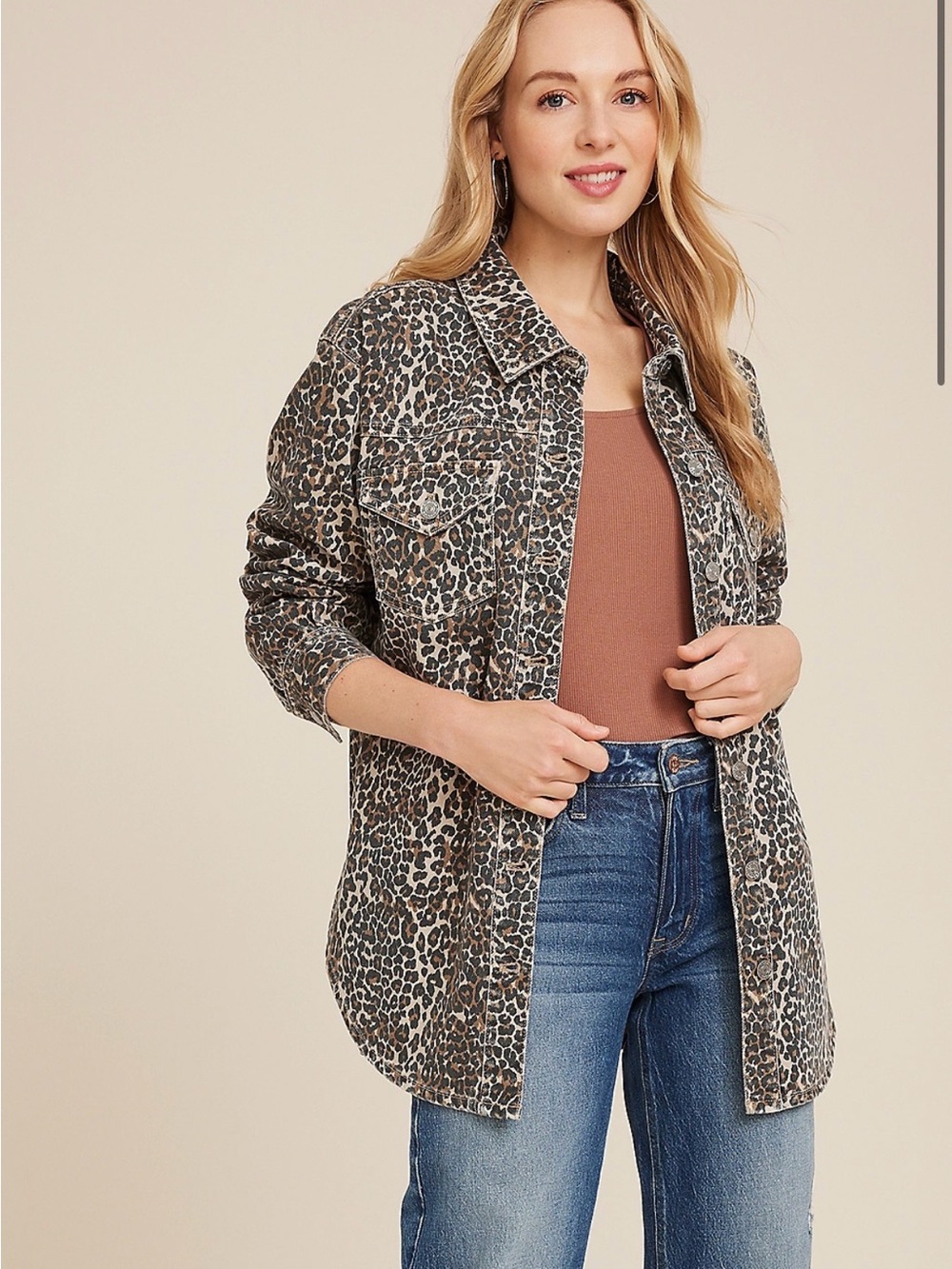 Maurices Leopard-Print oversized Denim Shacket in Brown and Black